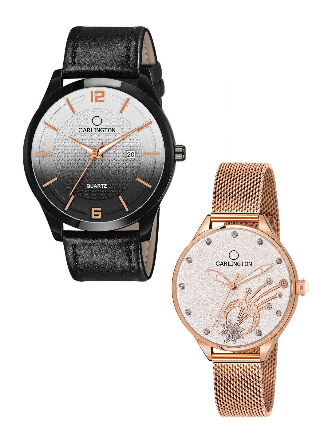 

CARLINGTON Unisex Black & Rose Gold Set Of 2 Watch Combo CT1010 Black - CT2020 Rose
