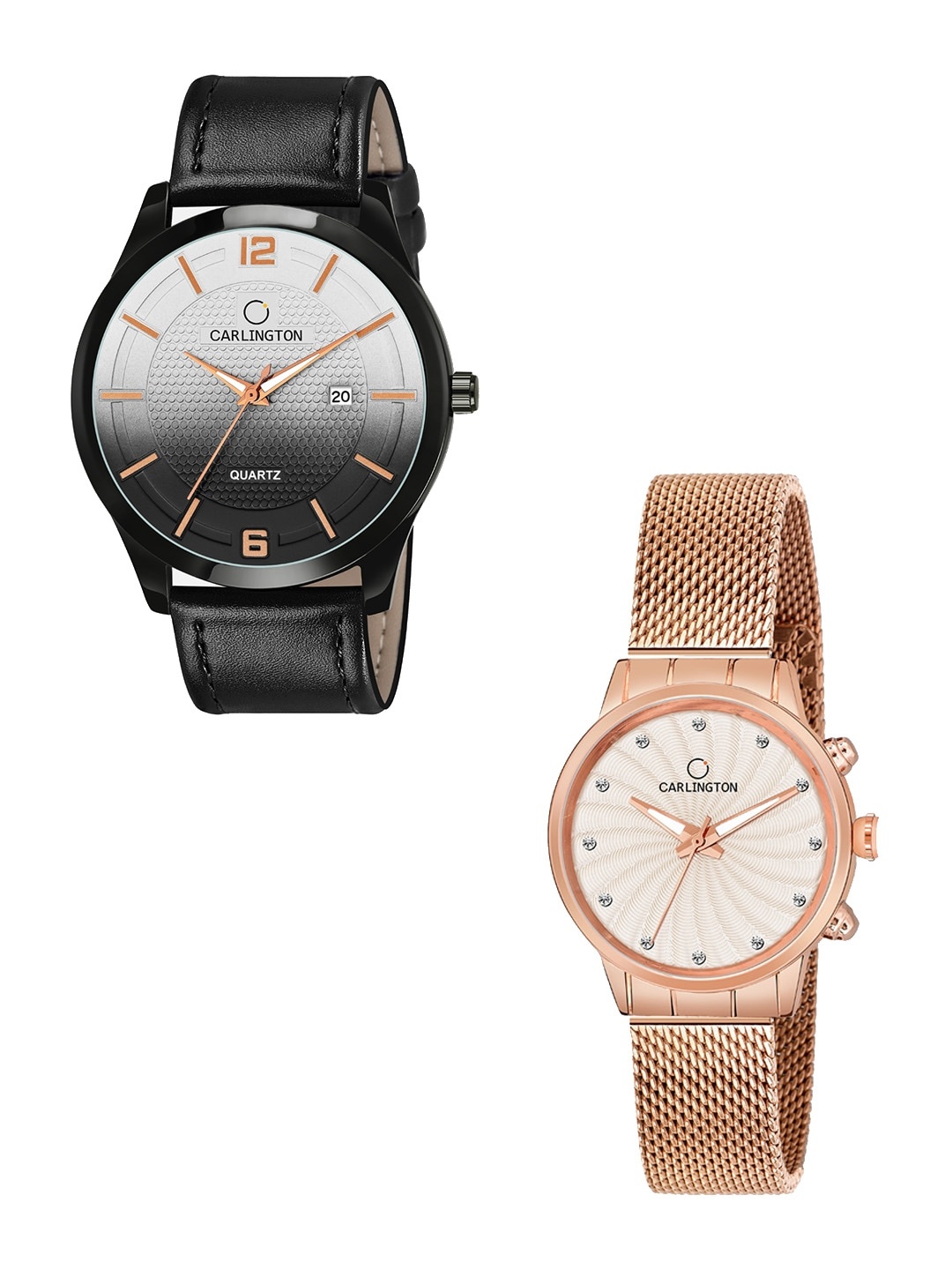 

CARLINGTON Unisex Set of 2 Analogue Watches CT1010 CT2017, Black