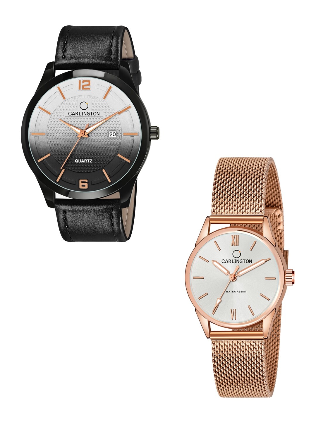 

CARLINGTON Unisex Set of 2 Black & Rose-Gold Toned Analogue Watches CT1010 CT2008