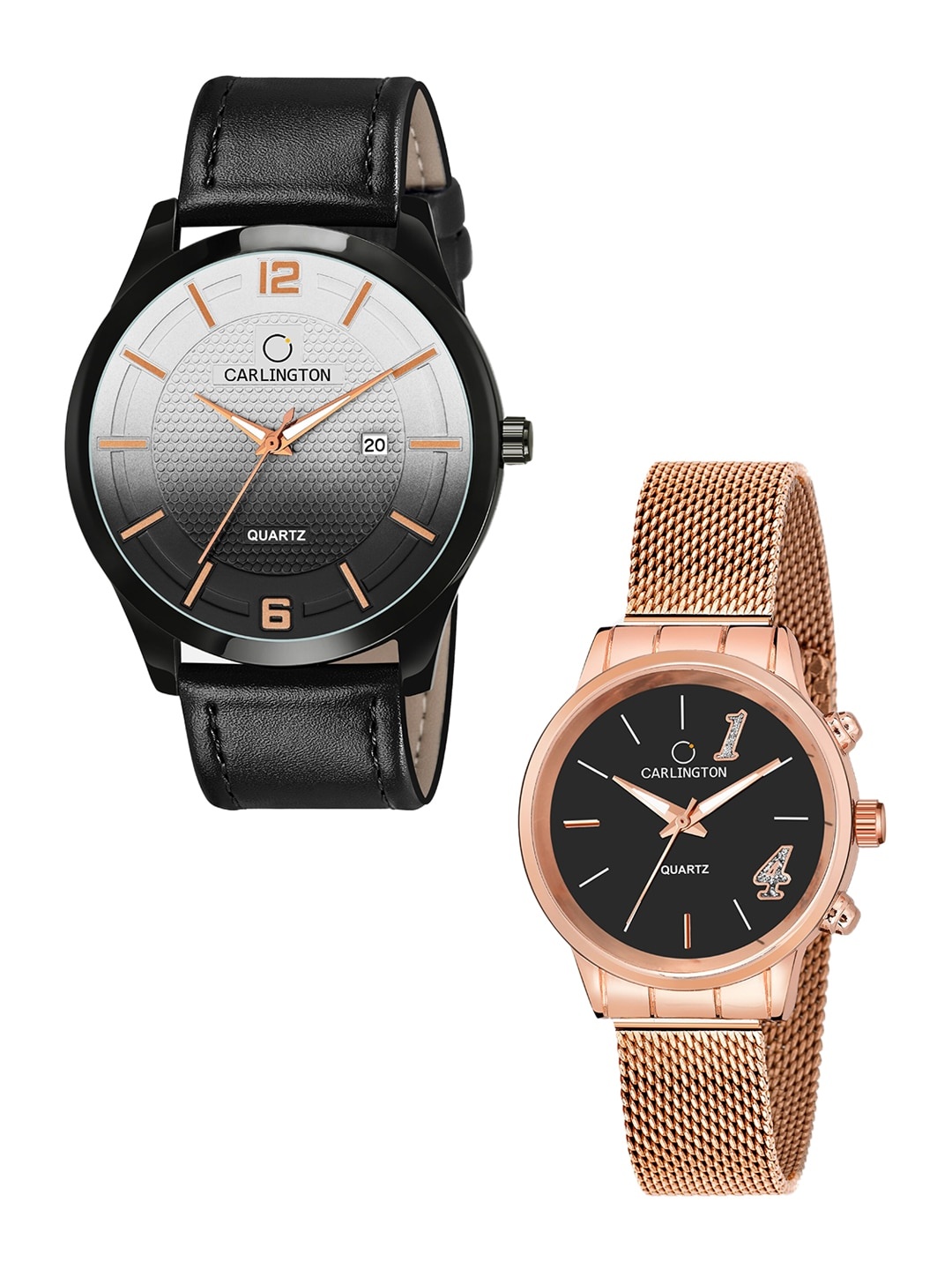

CARLINGTON Unisex Black & Rose-Gold Set Of His & Her Textured Analogue Watches