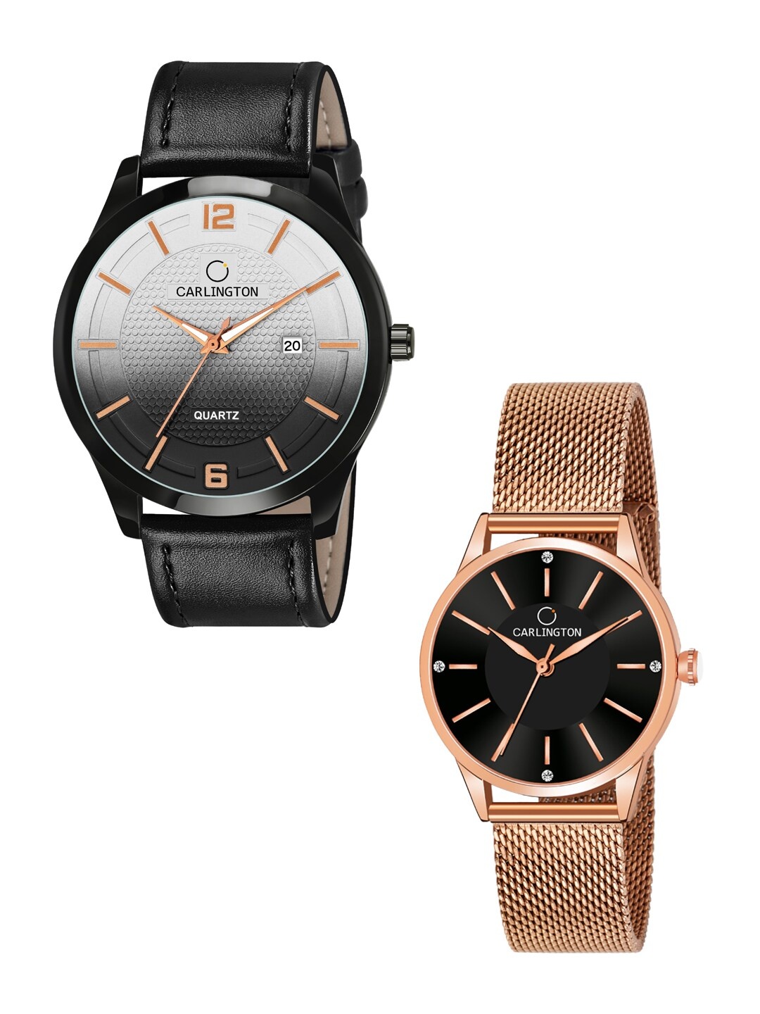 

CARLINGTON Unisex Black & Rose Gold Set Of 2 Watch Combo CT1010 Black - CT2004 Rose