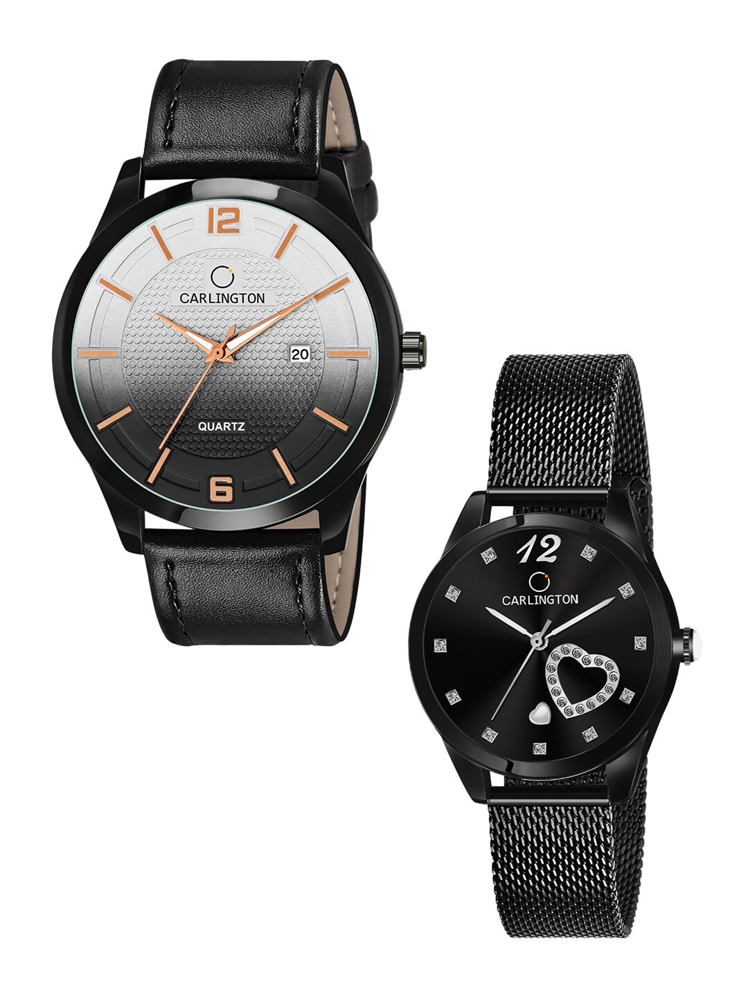 

CARLINGTON Unisex Set of 2 Analogue Watches CT1010 CT2006, Black