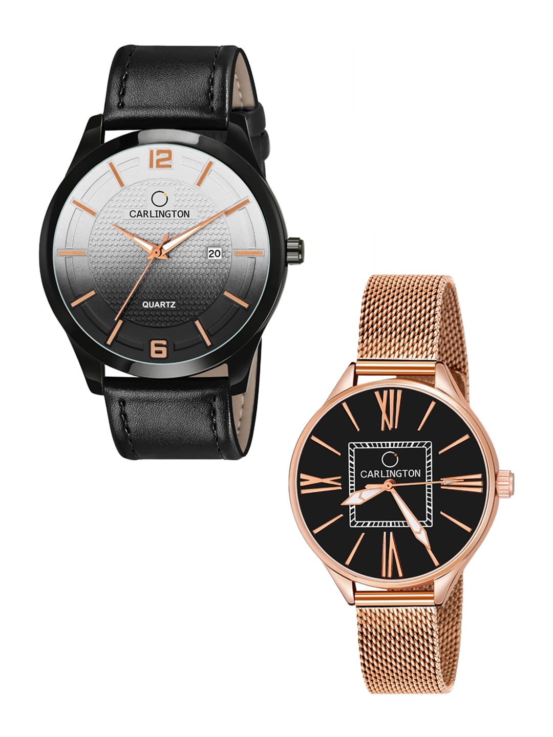 

CARLINGTON Unisex Set of 2 Black & Rose-Gold Toned Analogue Watches CT1010 CT2015