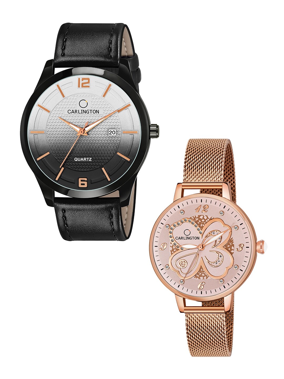 

CARLINGTON Unisex Black & Rose-Gold Set Of His & Her Embellished Analogue Watches
