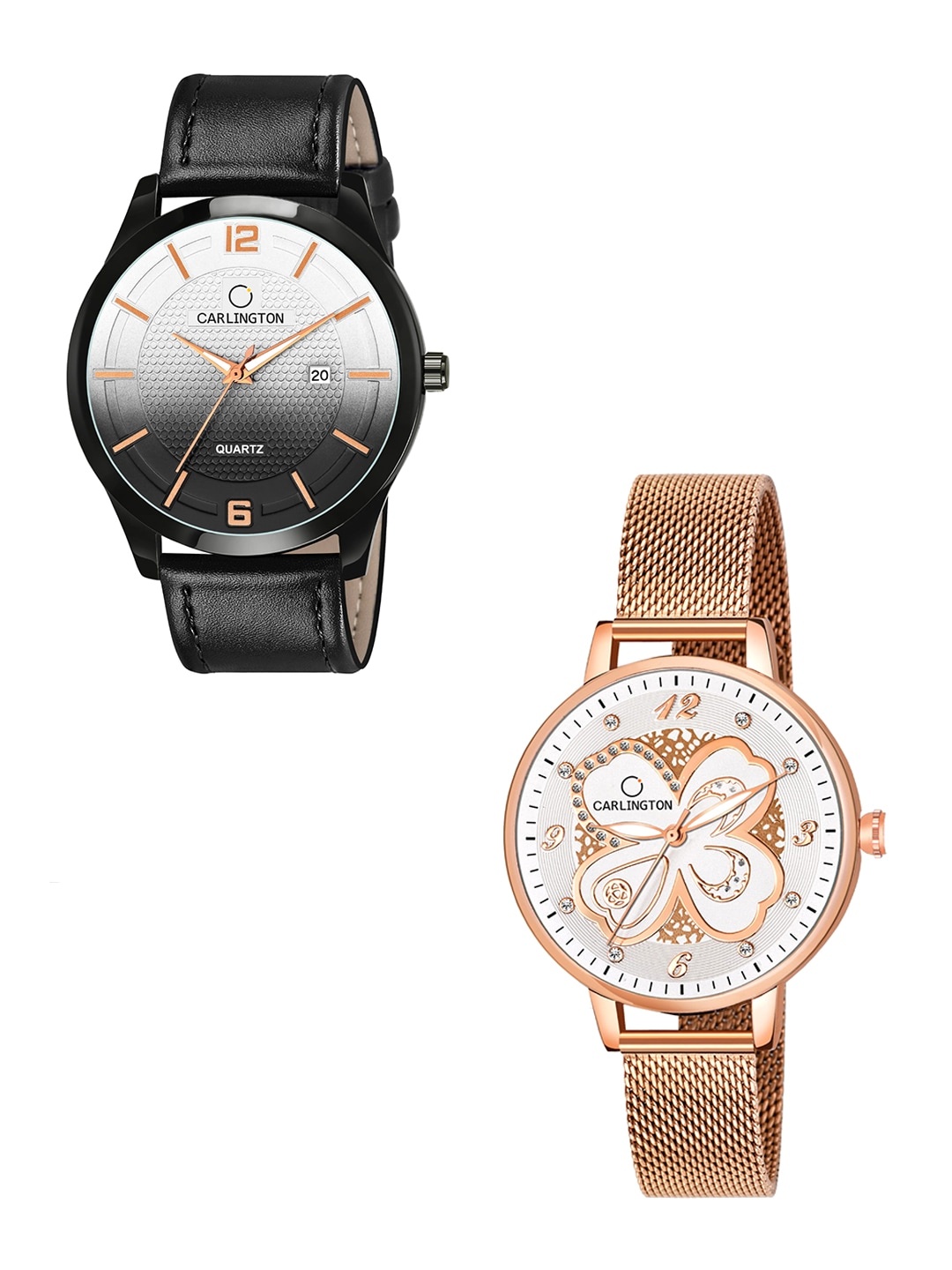 

CARLINGTON Pack Of 2 Black & Rose Gold-Toned Analogue Watch Combo CT1010 Black