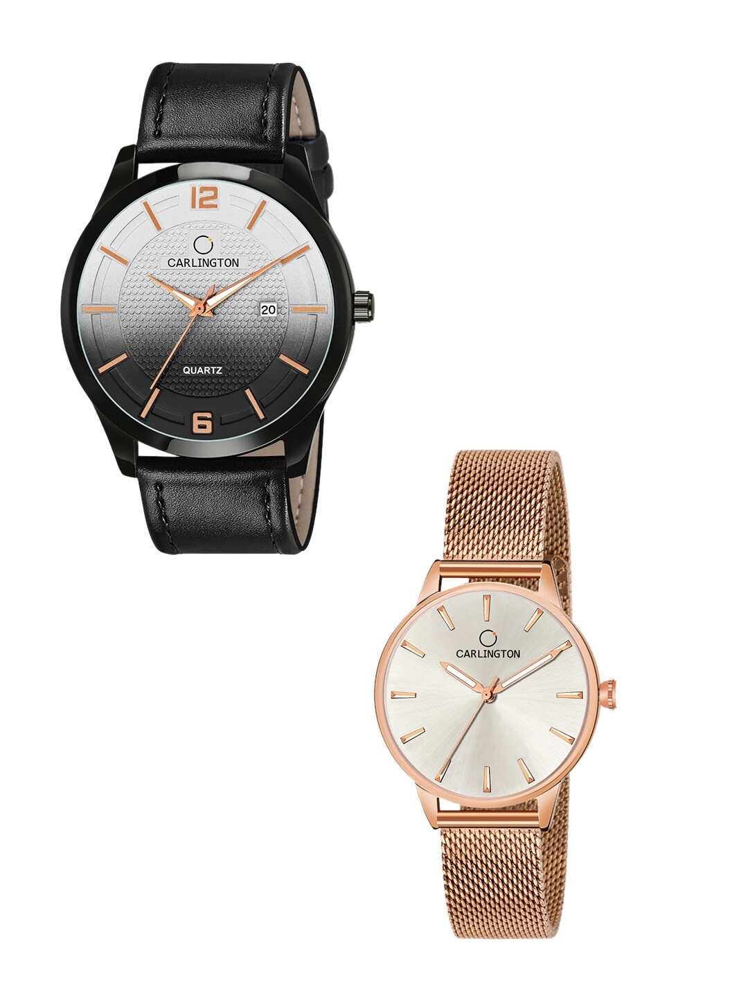 

CARLINGTON Unisex Black & Rose Gold Set Of 2 Watch Combo CT1010 Black - CT2007 Rose