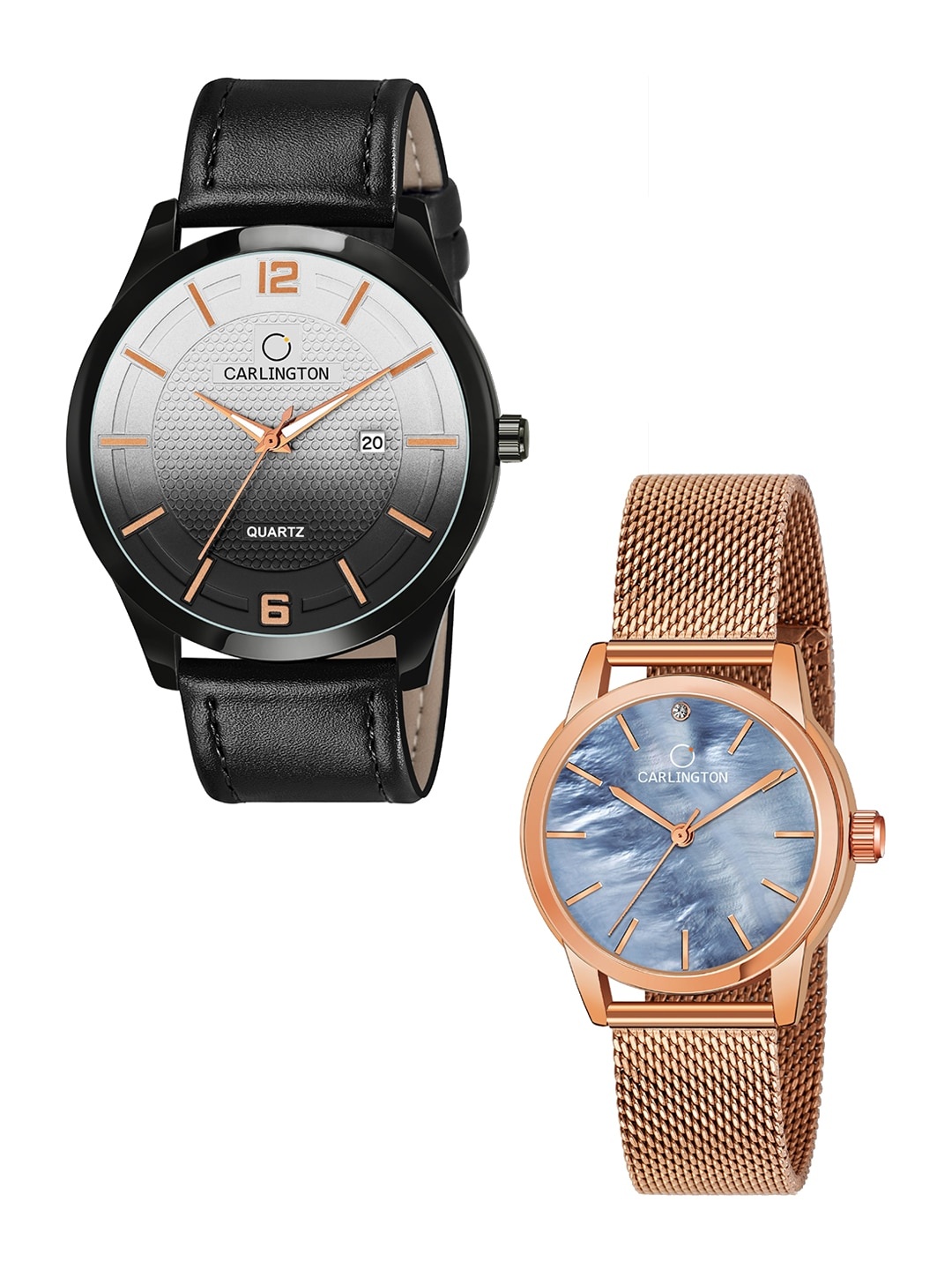 

CARLINGTON Unisex Set of 2 Black & Rose-Gold Toned Analogue Watches CT1010 CT2010