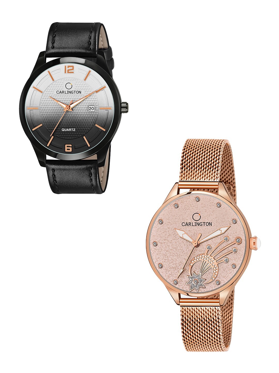 

CARLINGTON Unisex Black & Rose-Gold Set Of His & Her Embellished Analogue Watches