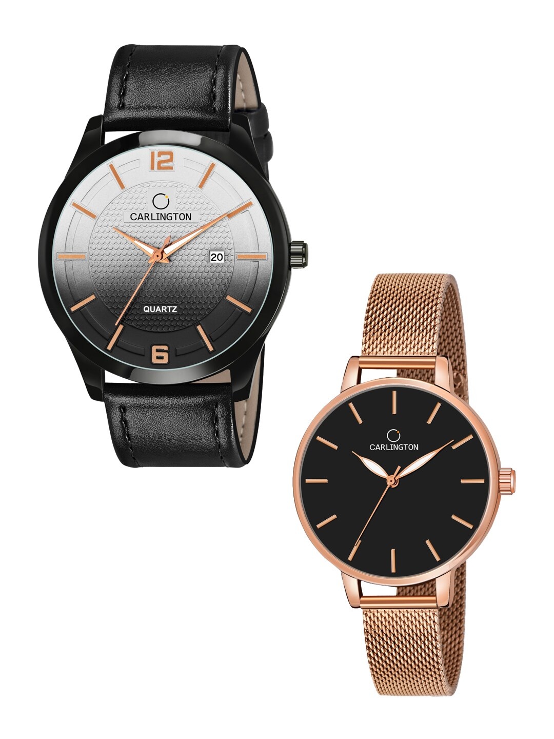

CARLINGTON Unisex Multicoloured Dial & Leather Straps Analogue Watch Set of 2, Black