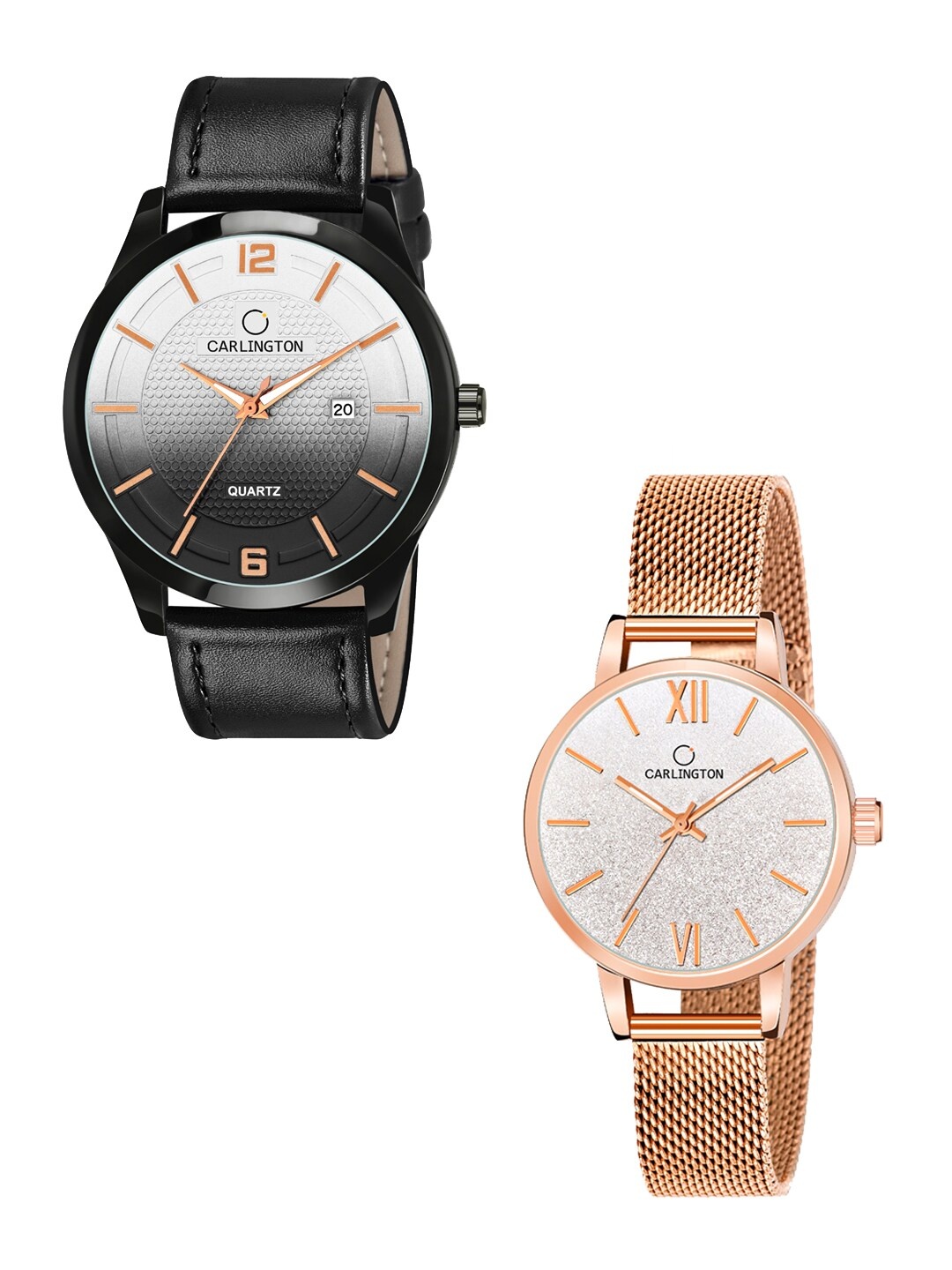 

CARLINGTON Unisex Black & Rose-Gold Set Of His & Her Embellished Analogue Watches