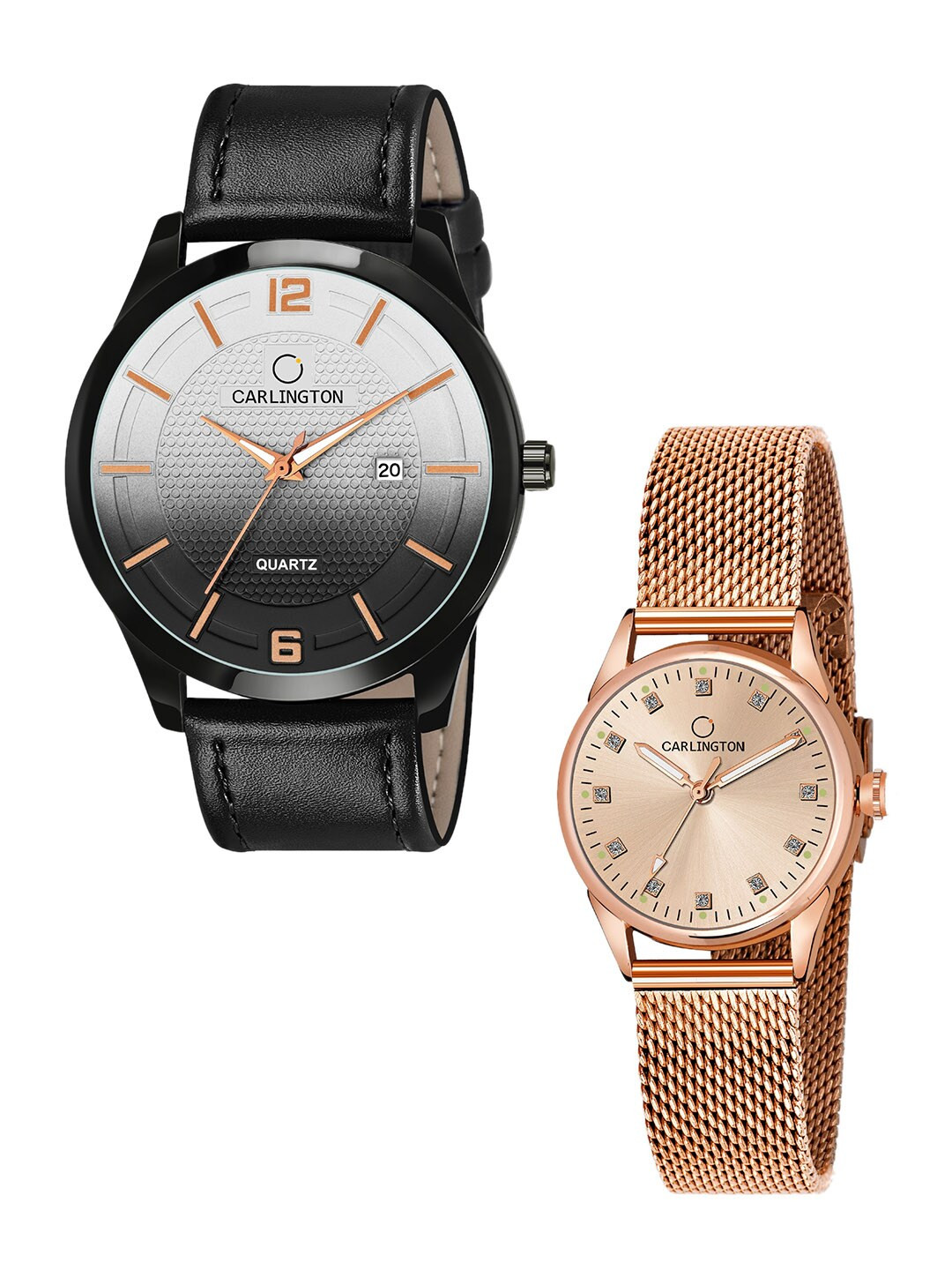 

CARLINGTON Unisex Black & Rose Gold Set Of 2 Watch Combo CT1010 Black - CT2003 RoseGold