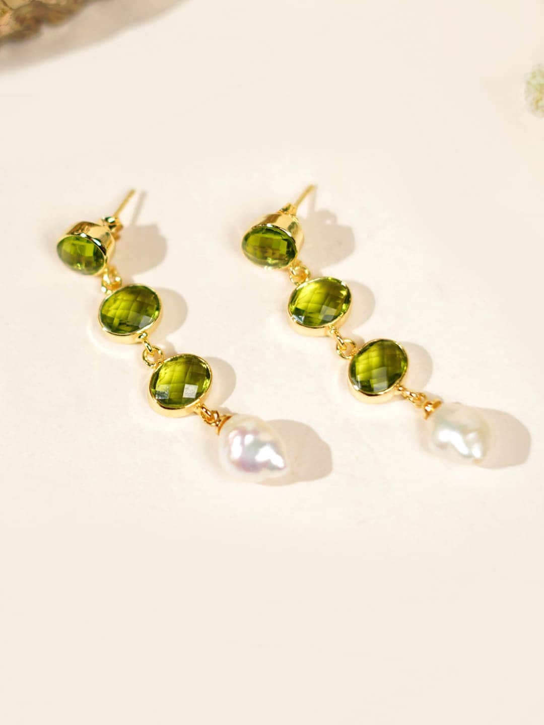 

March by FableStreet Gold-Toned Quartz & Pearl Studded Contemporary Drop Earrings