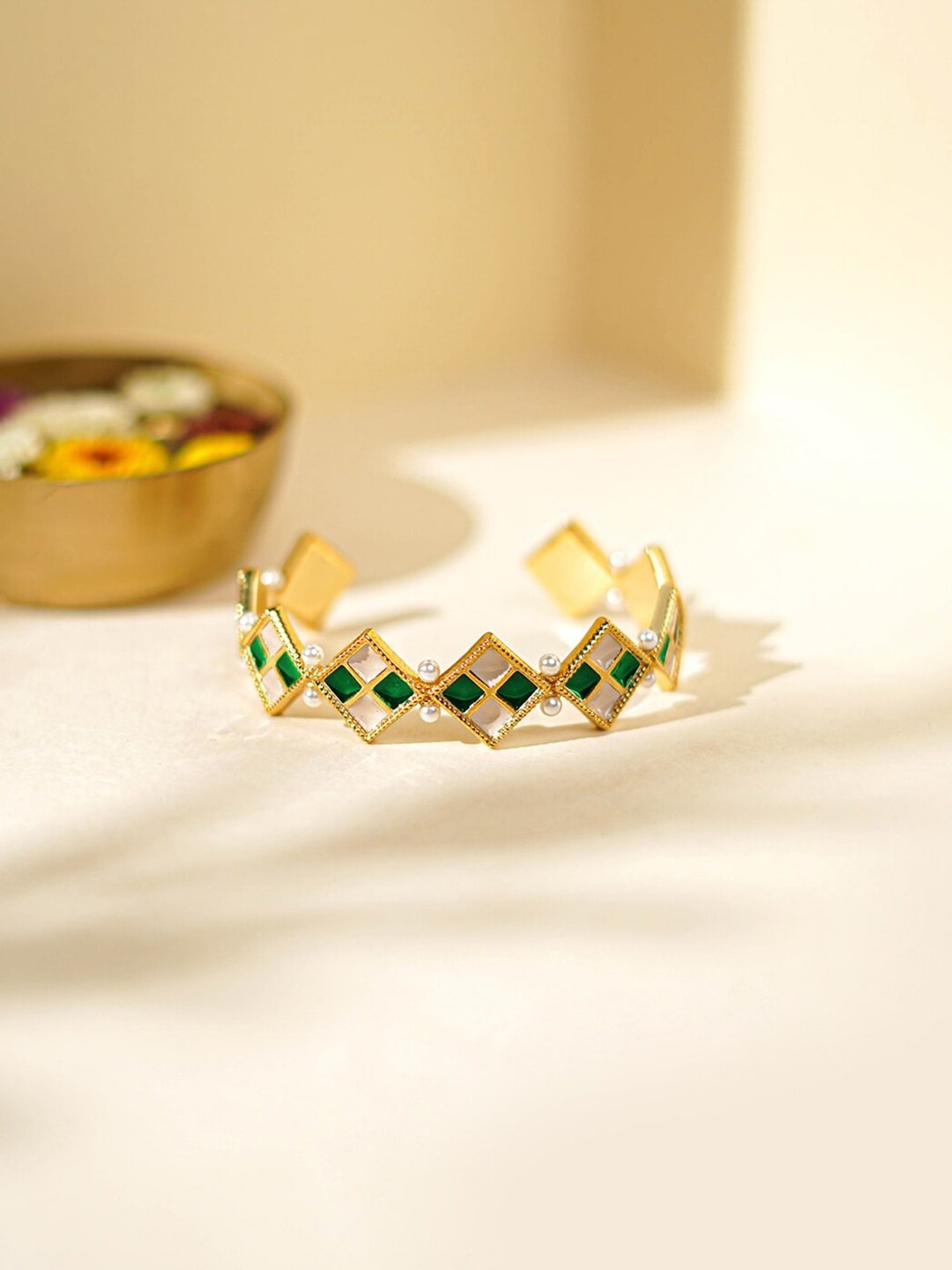 

Mikoto by FableStreet Women Gold-Plated & Green Brass Pearls Cuff Bracelet