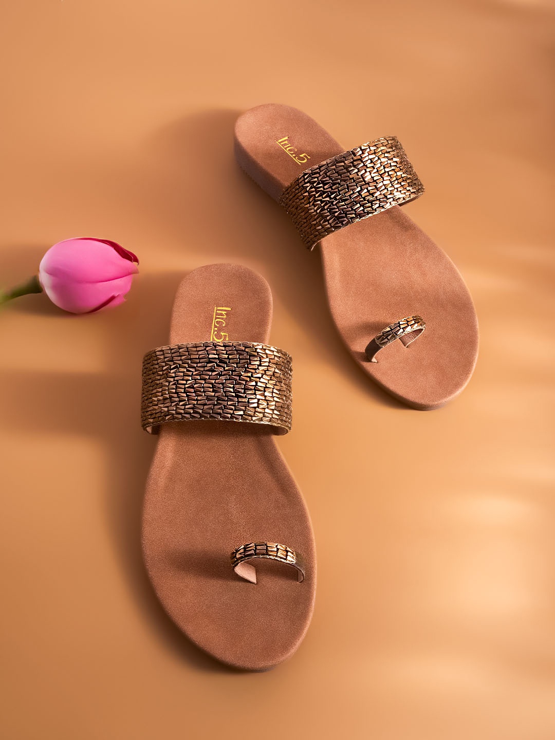 

Inc 5 Gold-Toned Ethnic Flatform Sandals