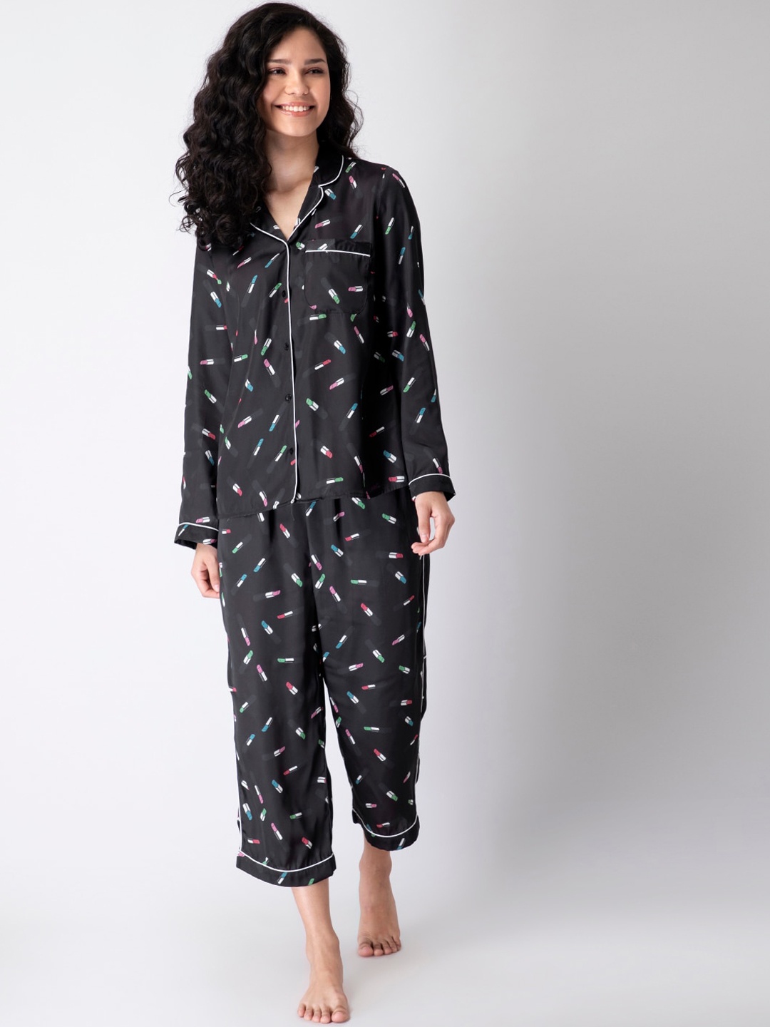 

FabAlley Women Black & White Printed Night suit