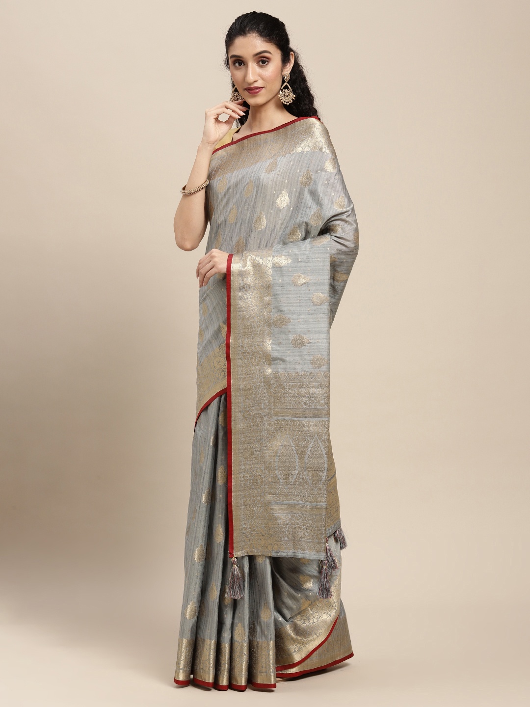 

SANGAM PRINTS Grey Ethnic Motif Woven Design Pure Silk Saree