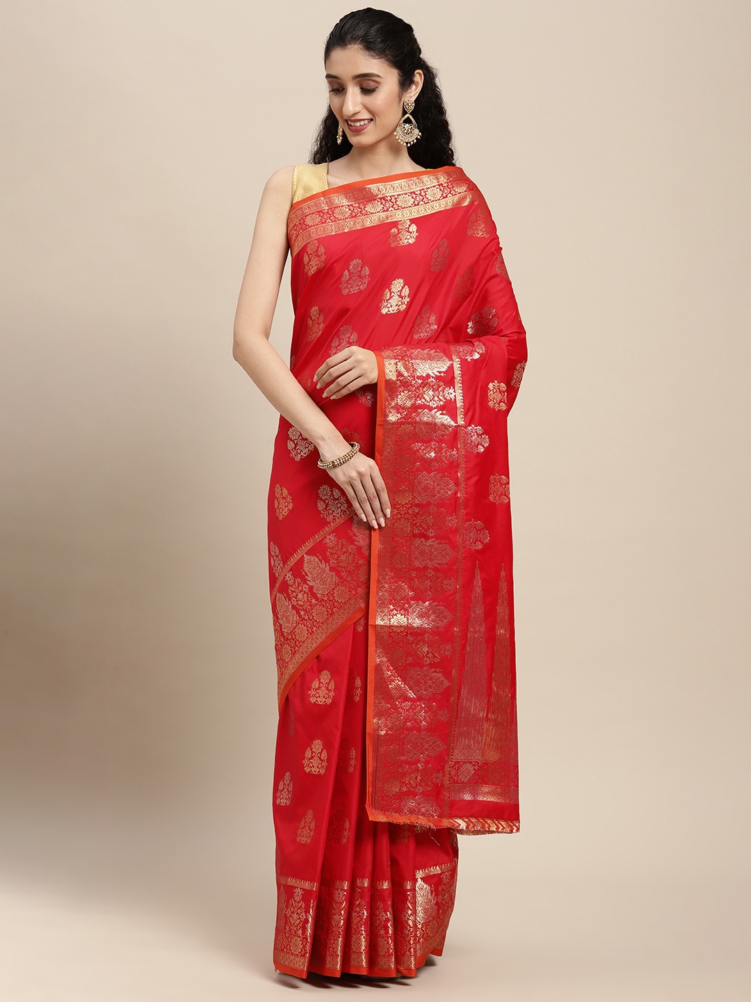 

SANGAM PRINTS Red Floral Woven Design Pure Silk Saree