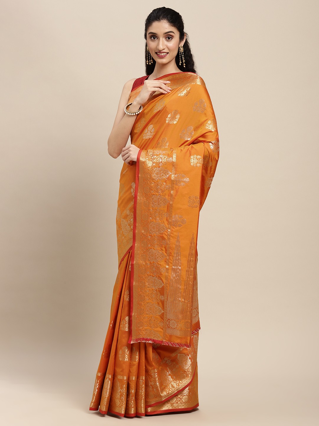 

SANGAM PRINTS Orange Floral Woven Design Pure Silk Saree