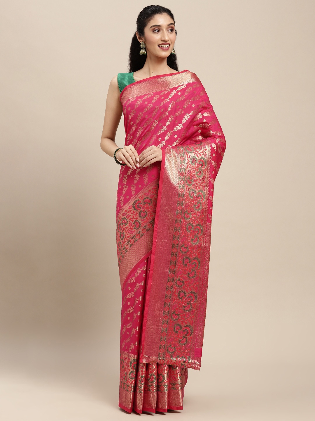 

SANGAM PRINTS Magenta Floral Woven Design Pure Silk Saree