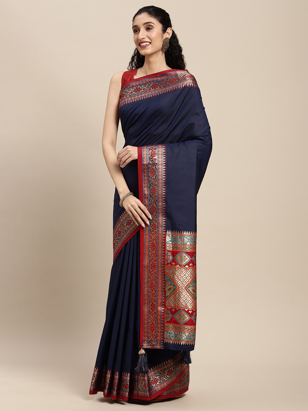 

SANGAM PRINTS Navy Blue Pure Silk Saree