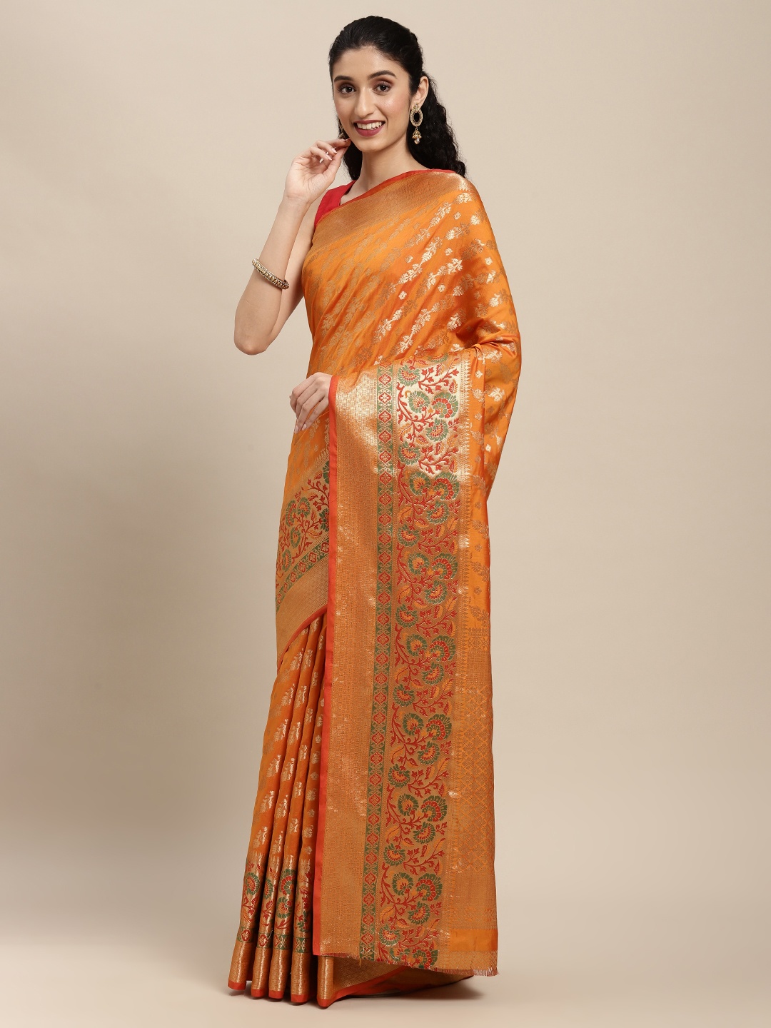 

SANGAM PRINTS Mustard Yellow Floral Woven Design Pure Silk Saree