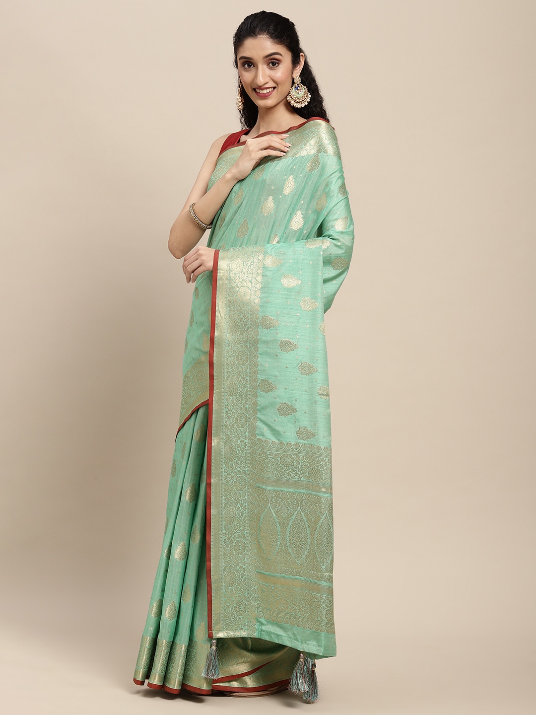 

SANGAM PRINTS Sea Green Ethnic Motifs Zari Pure Silk Saree