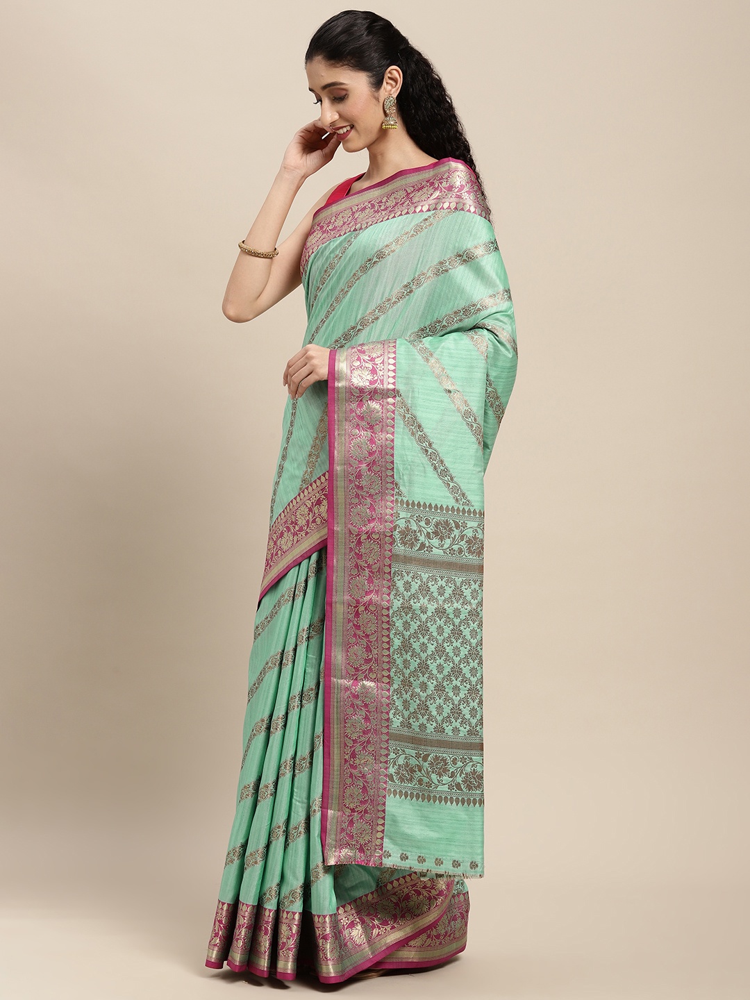 

SANGAM PRINTS Turquoise Blue Striped Pure Silk Saree
