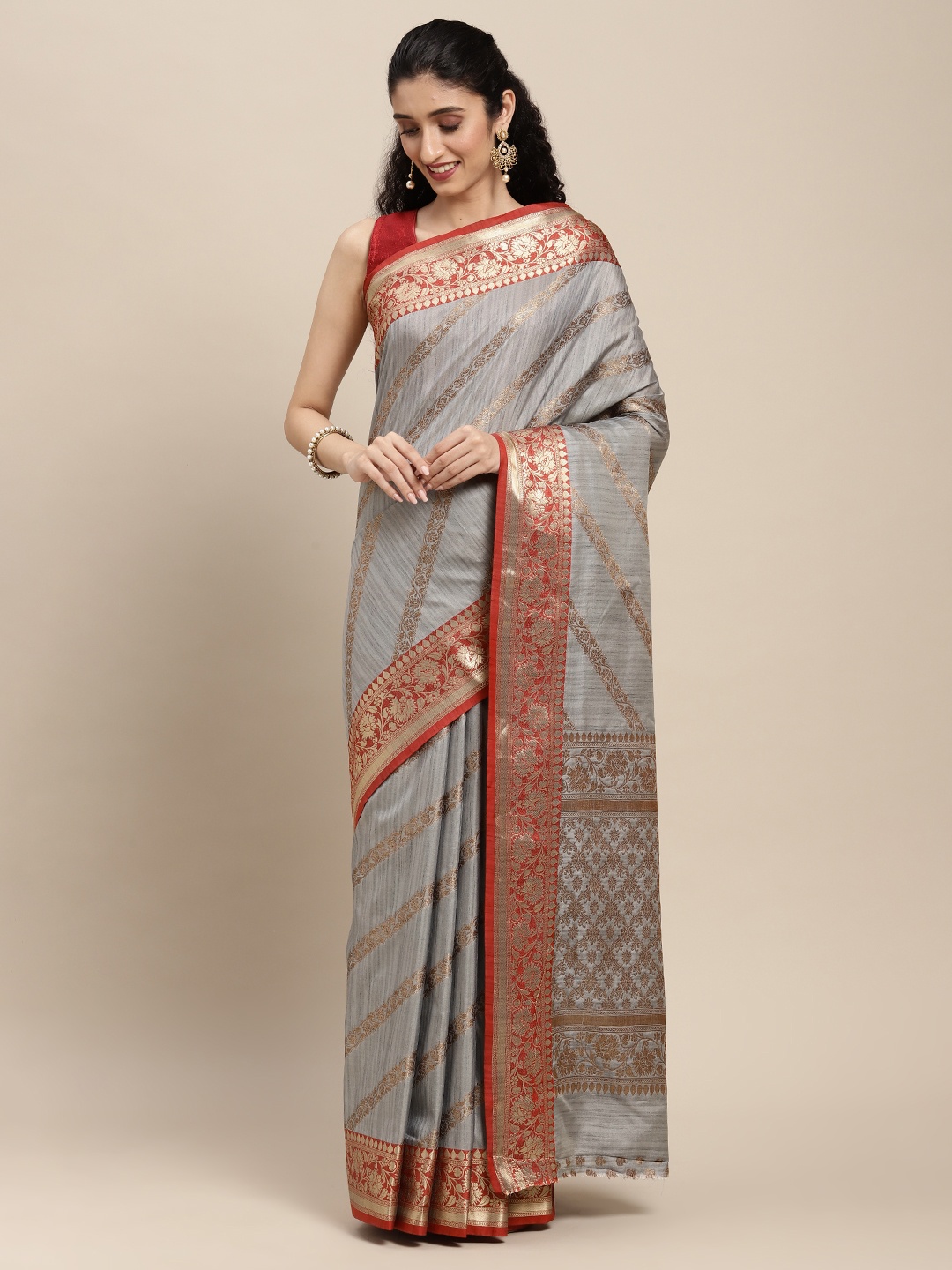 

SANGAM PRINTS Grey & Red Ethnic Motifs Striped Woven Pure Silk Saree