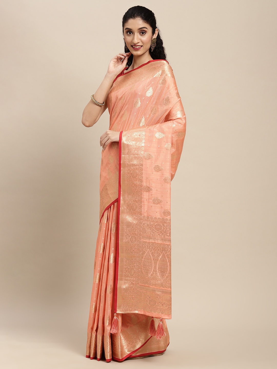 

SANGAM PRINTS Peach-Coloured Ethnic Motif Woven Design Pure Silk Saree