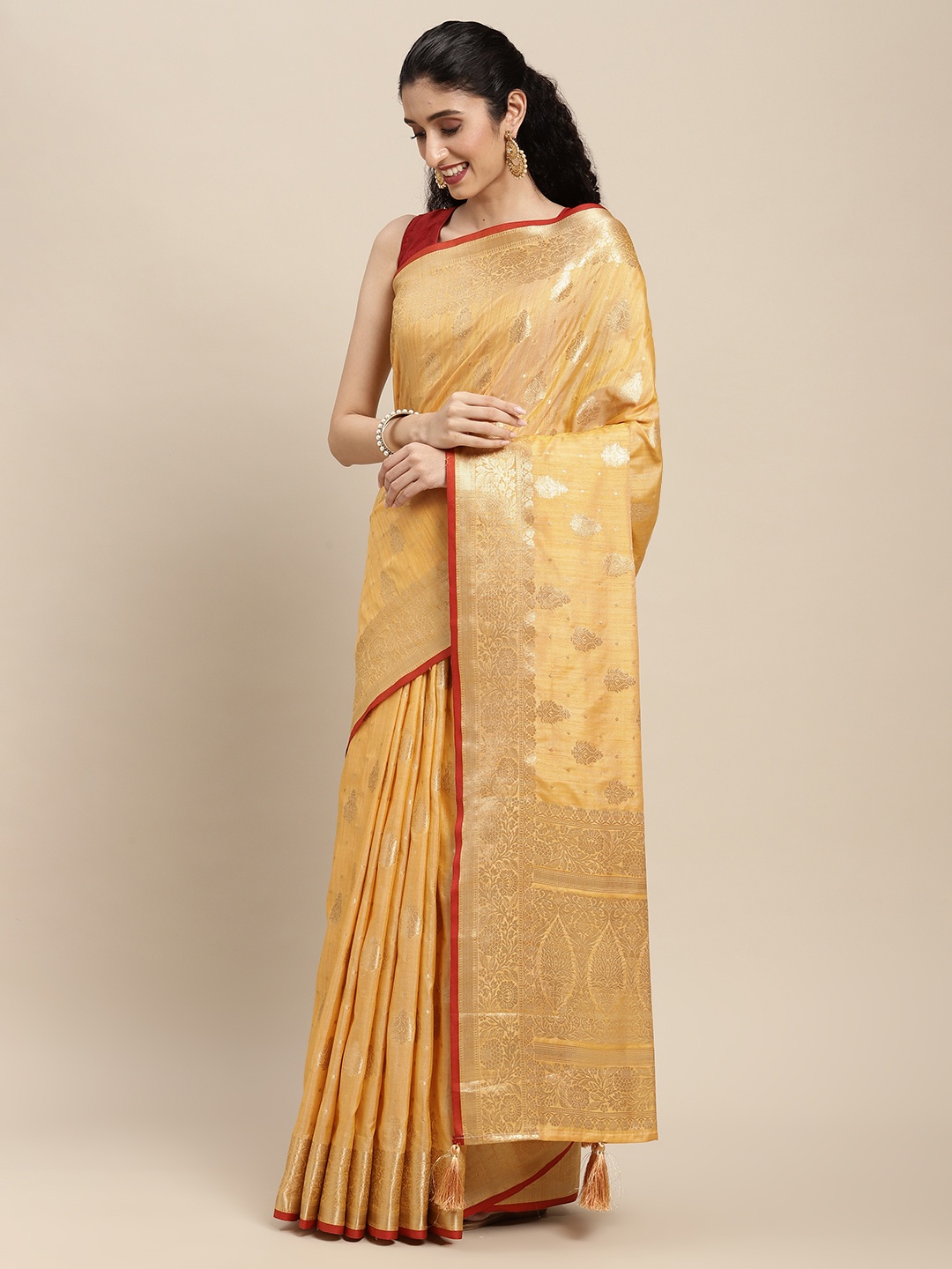 

SANGAM PRINTS Yellow Ethnic Motif Woven Design Pure Silk Saree