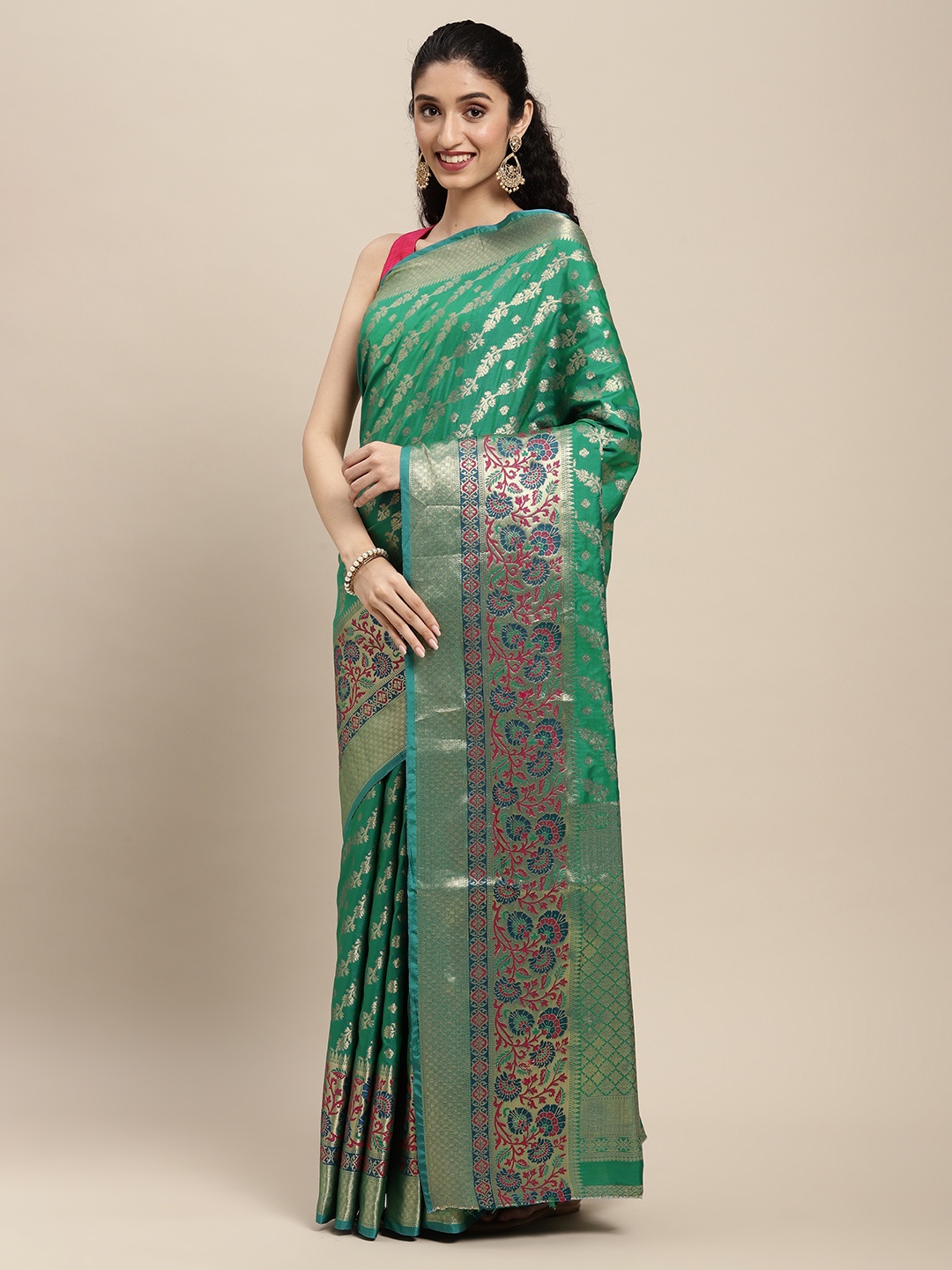 

SANGAM PRINTS Green Ethnic Motifs Striped Woven Pure Silk Saree