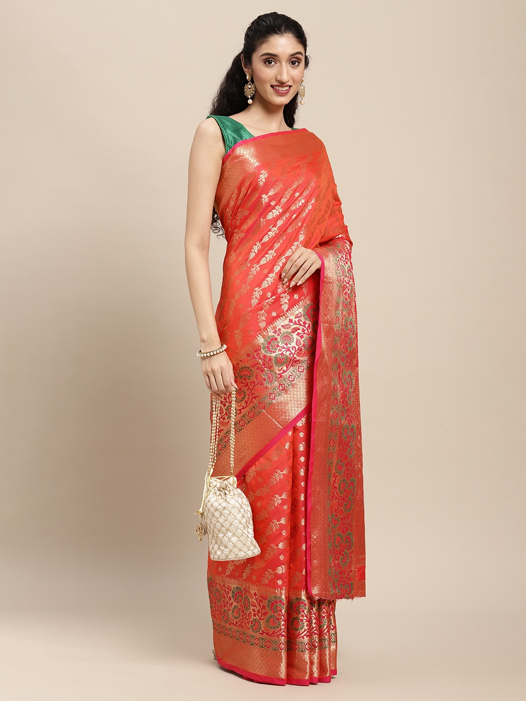 

SANGAM PRINTS Red Floral Woven Design Pure Silk Saree