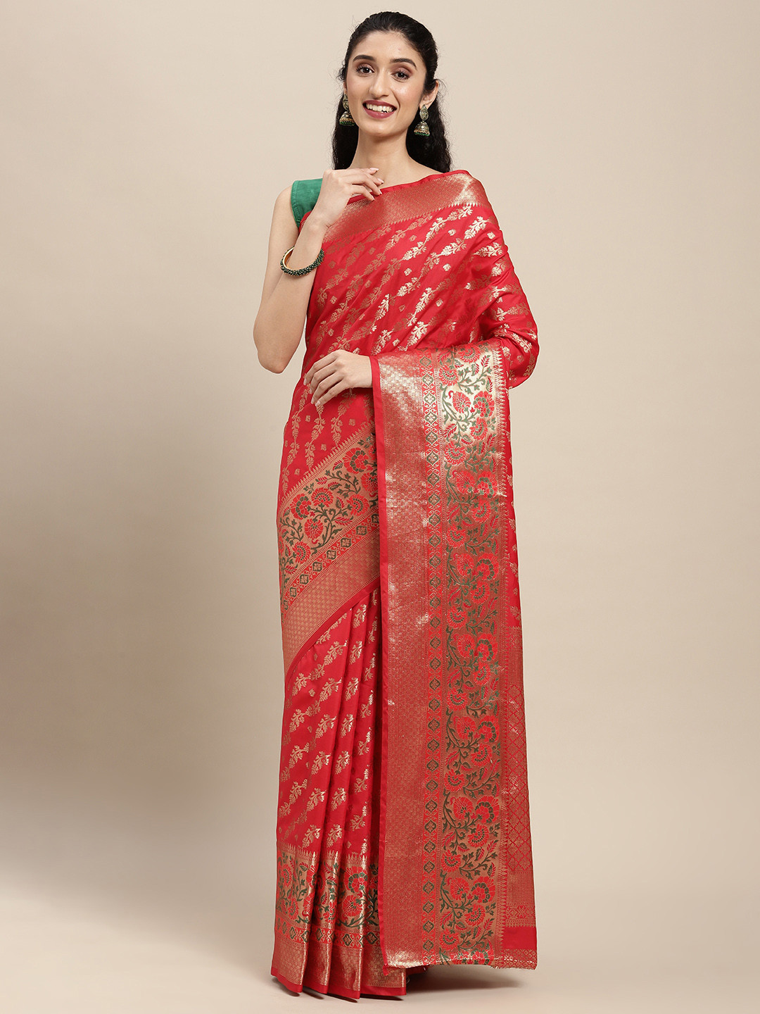 

SANGAM PRINTS Red Floral Woven Design Pure Silk Saree
