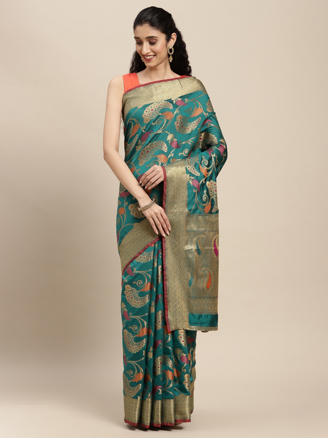 

SANGAM PRINTS Teal Green Paisley Zari Pure Silk Saree