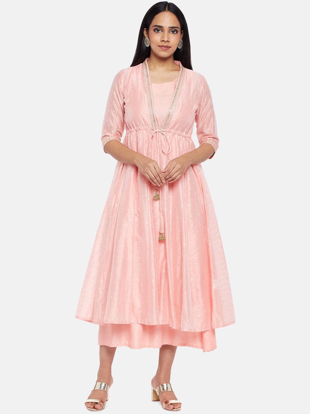 

RANGMANCH BY PANTALOONS Peach-Coloured Floral Embroidered Midi Dress