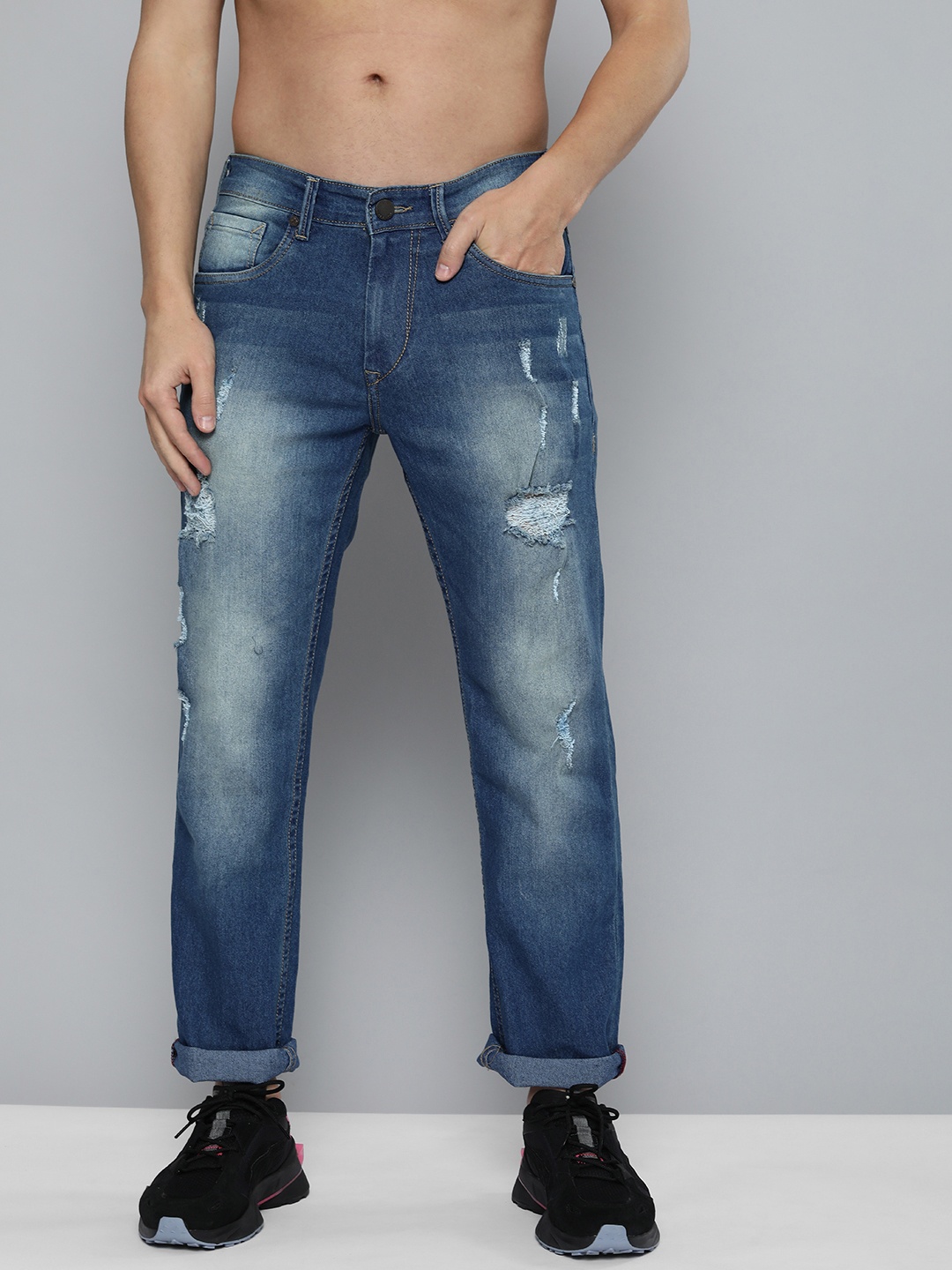 

HERE&NOW Men Blue Slim Fit Mildly Distressed Light Fade Mid Rise Jeans