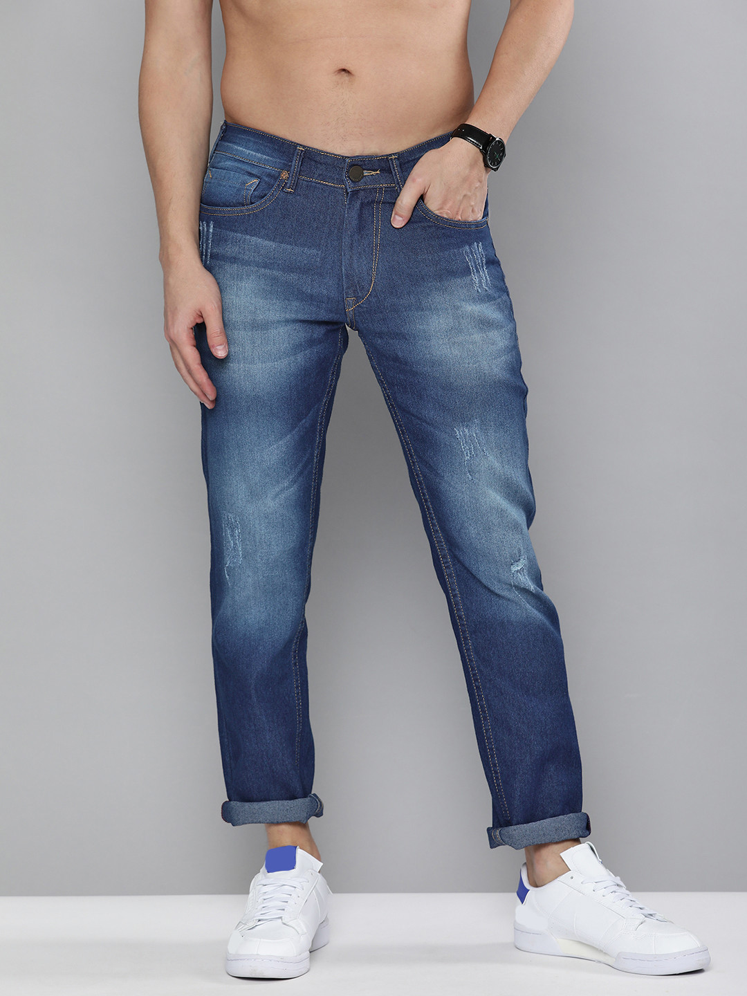 

HERE&NOW Men Blue Mid-Rise Regular Fit Mildly Distressed Heavy Fade Jeans