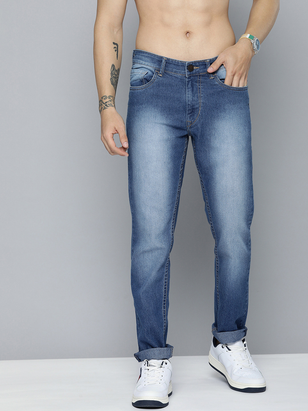 

HERE&NOW Men Indigo Slim Fit Heavy Fade Stretchable Casual Jeans, Blue
