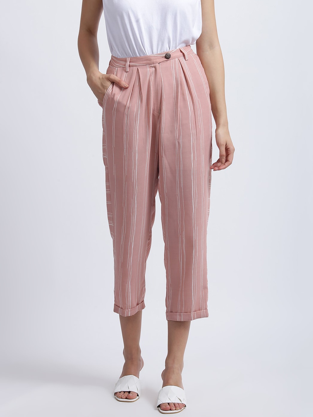 

Zink London Women Pink Striped High-Rise Pleated Trousers