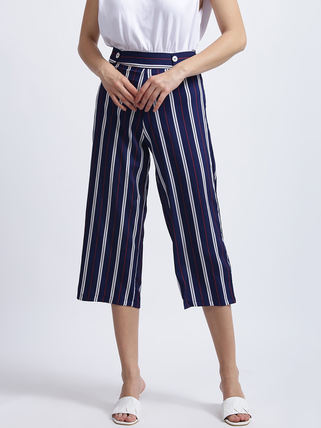 

Zink London Women Blue Striped High-Rise Culottes Trousers