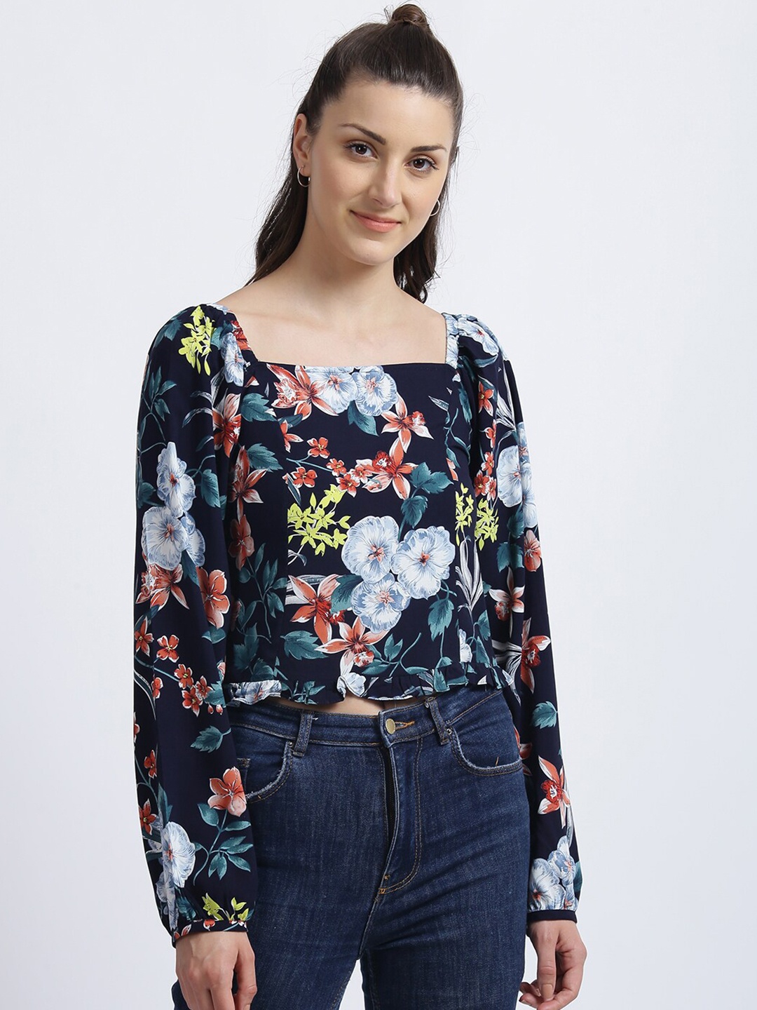 

Zink London Women Navy Blue Floral Print Regular Top