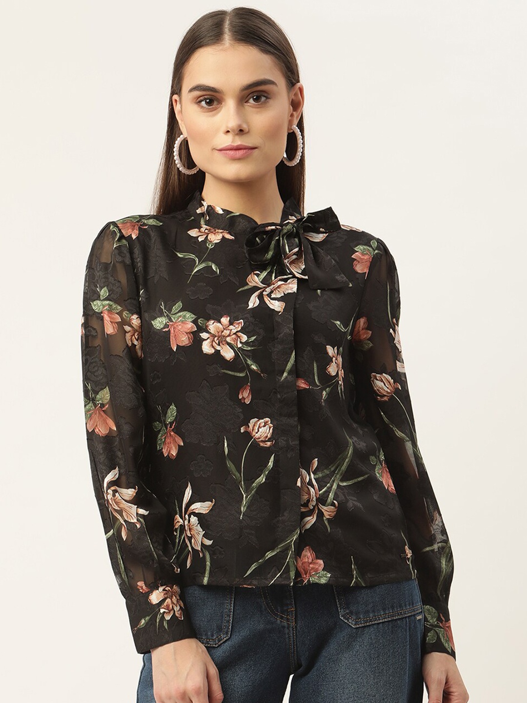 

ELLE Black & Pink Floral Tie-Up Neck Shirt Style Top