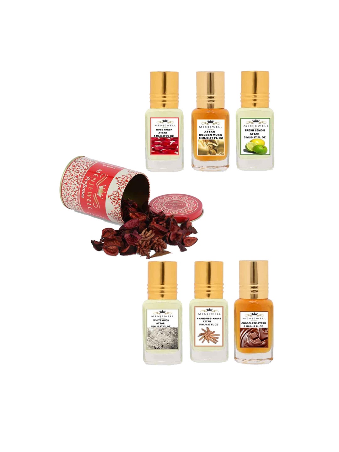 

Menjewell Unisex Set Of 6 Rose & Musk Perfumes, Transparent