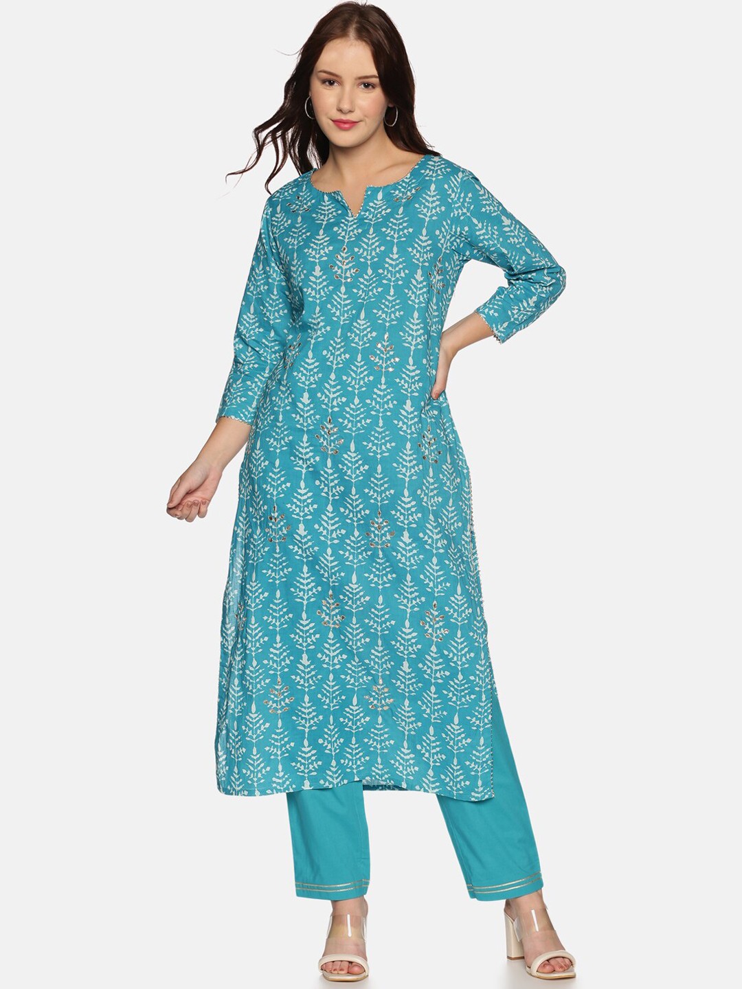 

Palakh Women Blue Ethnic Motifs Printed Regular Gotta Patti Pure Cotton Kurta with Trousers