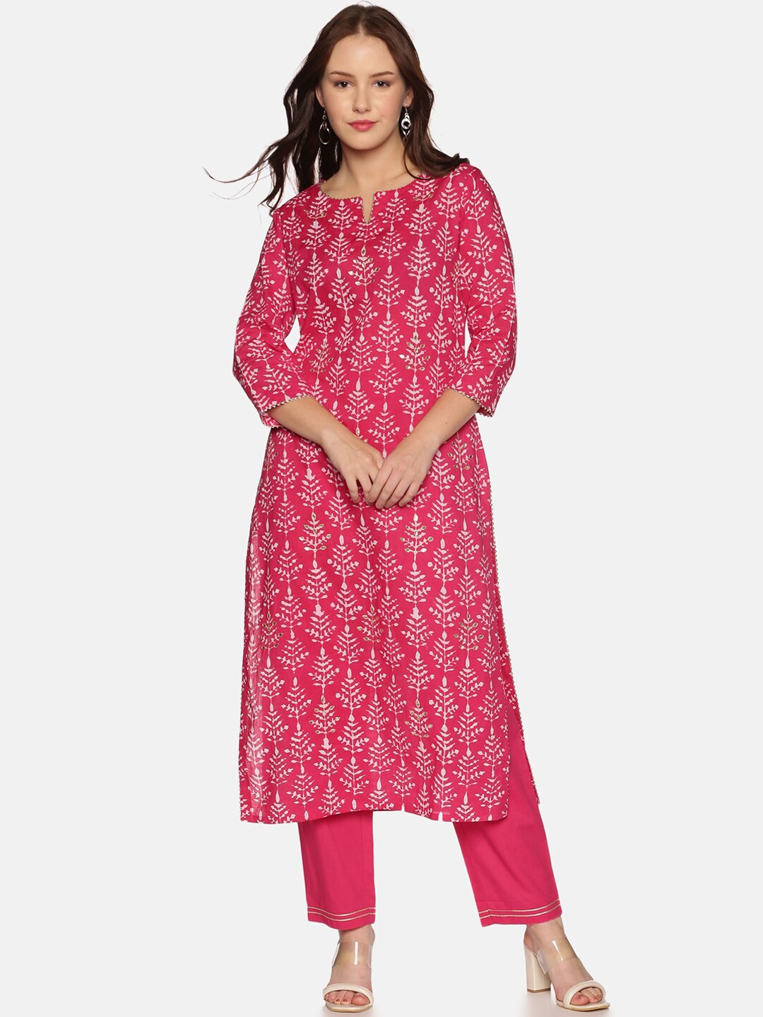 

Palakh Women Pink & White Floral Printed Regular Pure Cotton Kurta With Trousers