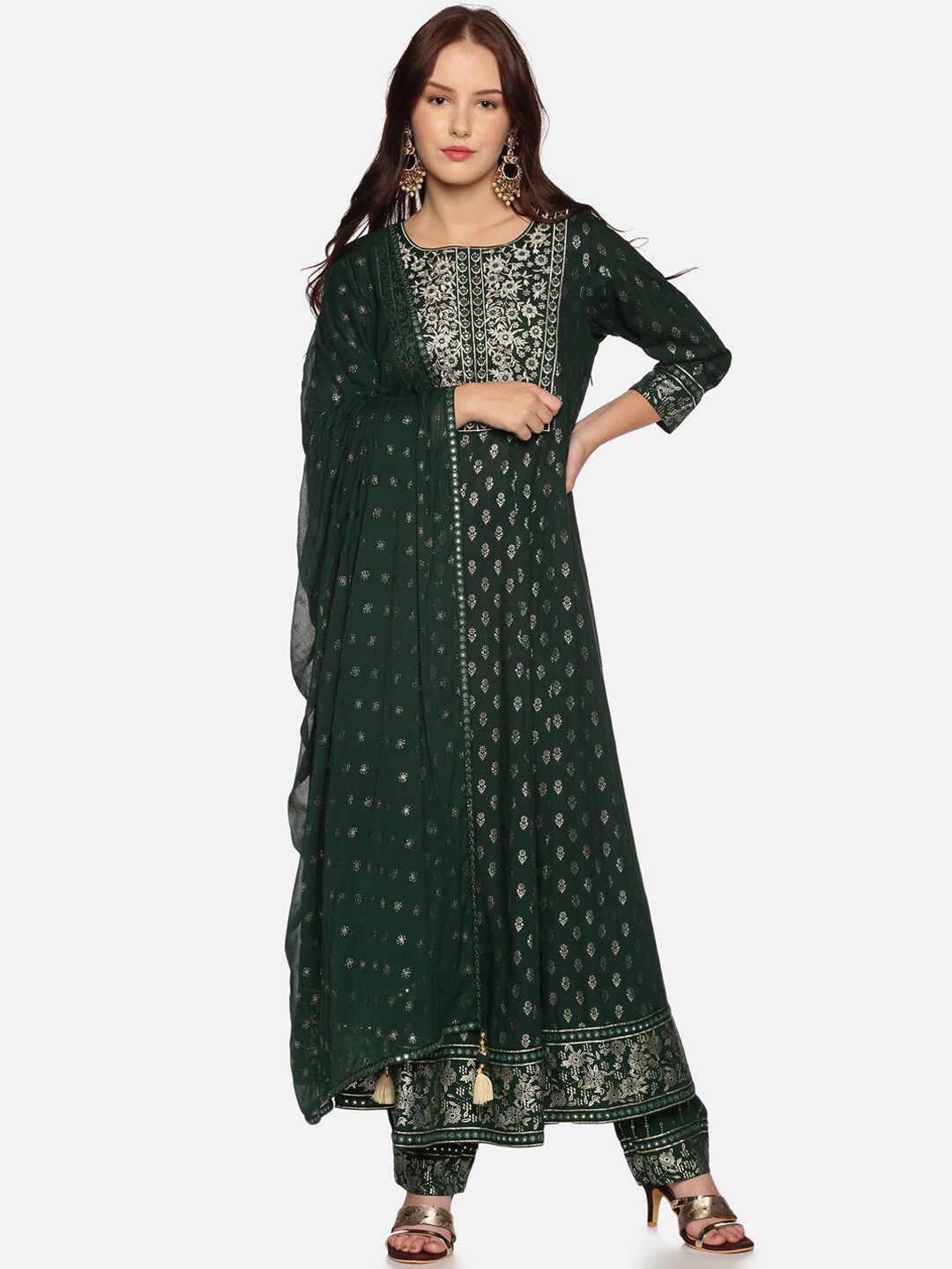 

Palakh Women Green Floral Embroidered Regular Mirror Work Kurta with Trousers & With Dupatta
