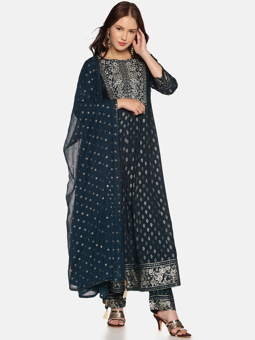 

Palakh Women Navy Blue Ethnic Motifs Printed Regular Thread Work Kurta with Trousers & With Dupatta