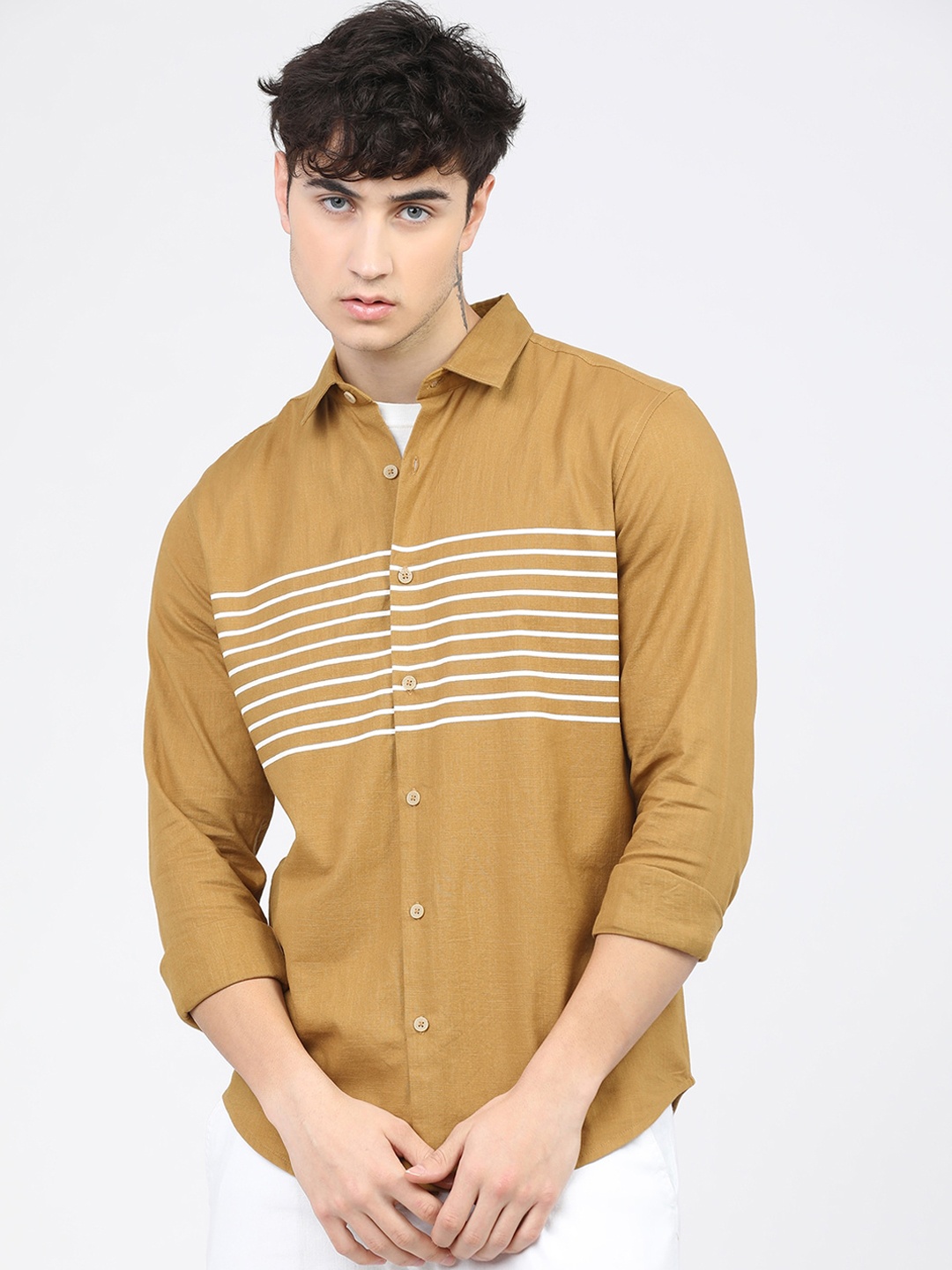 

KETCH Men Slim Fit Horizontal Stripes Casual Shirt, Mustard