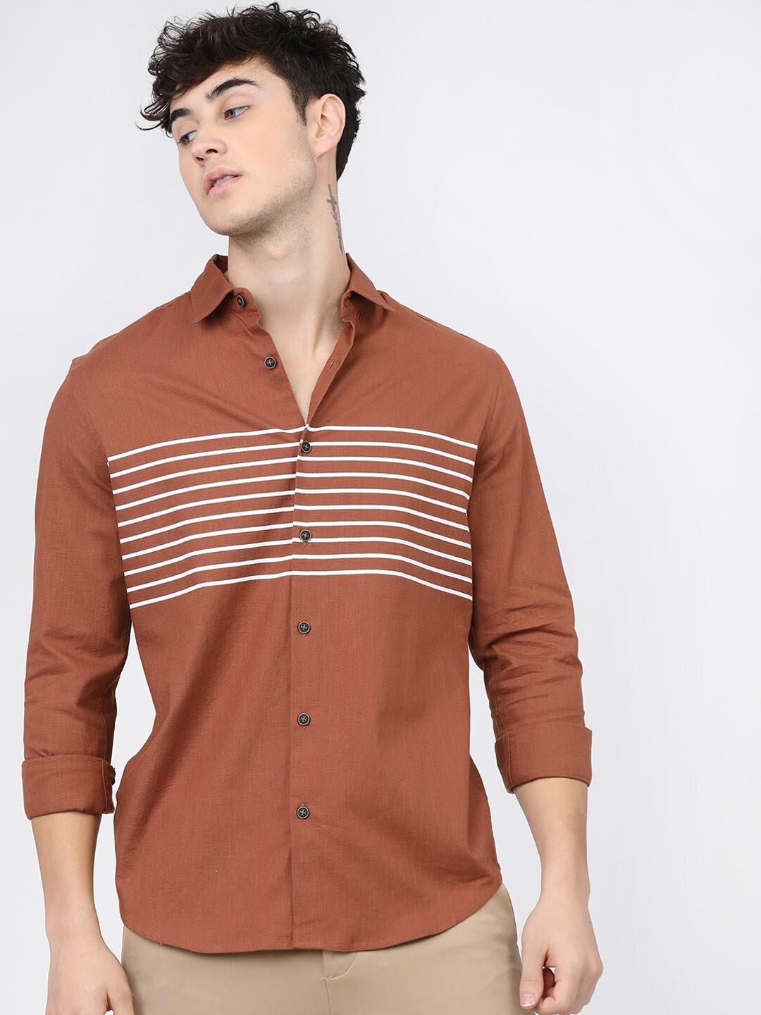 

KETCH Men Slim Fit Horizontal Striped Casual Shirt, Rust