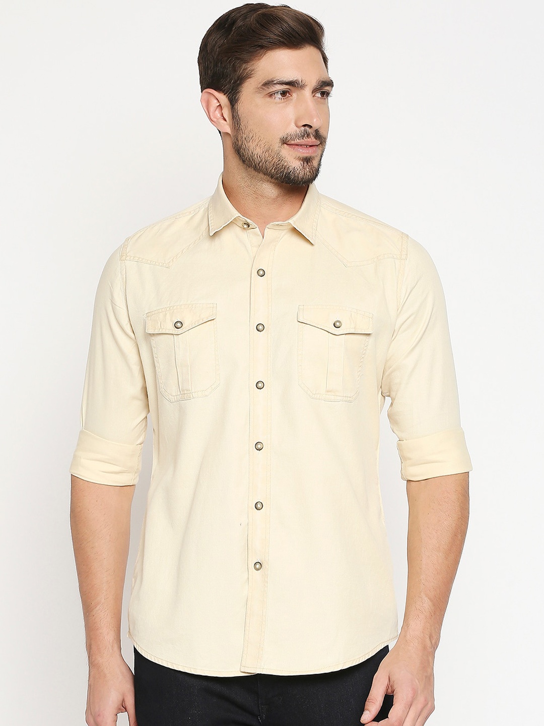 

EVOQ Men Beige Cotton Standard Opaque Casual Shirt